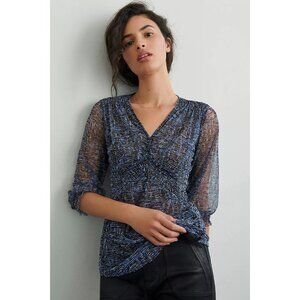 NWT Anthropologie Black Motif Blue Gretchen Smocked Tunic Top Womens Size S
